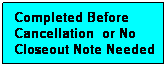 Text Box: Completed Before Cancellation  or No Closeout Note Needed
                                       
 
